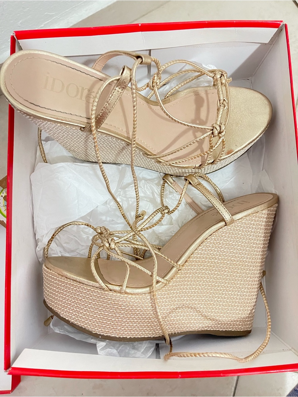 iDoré Gold Metallic Lace-Up Wedge Sandals